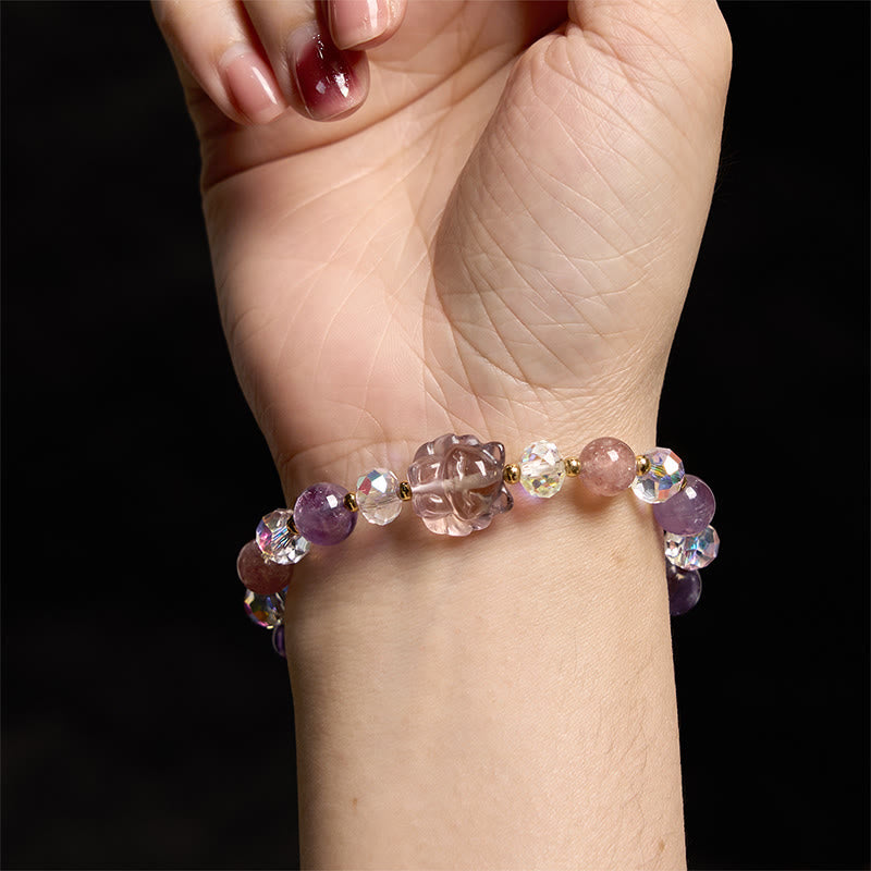 Buddha Stones Amethyst Strawberry Quartz White Crystal Nine Tailed Fox Meditation Bracelet - image 4