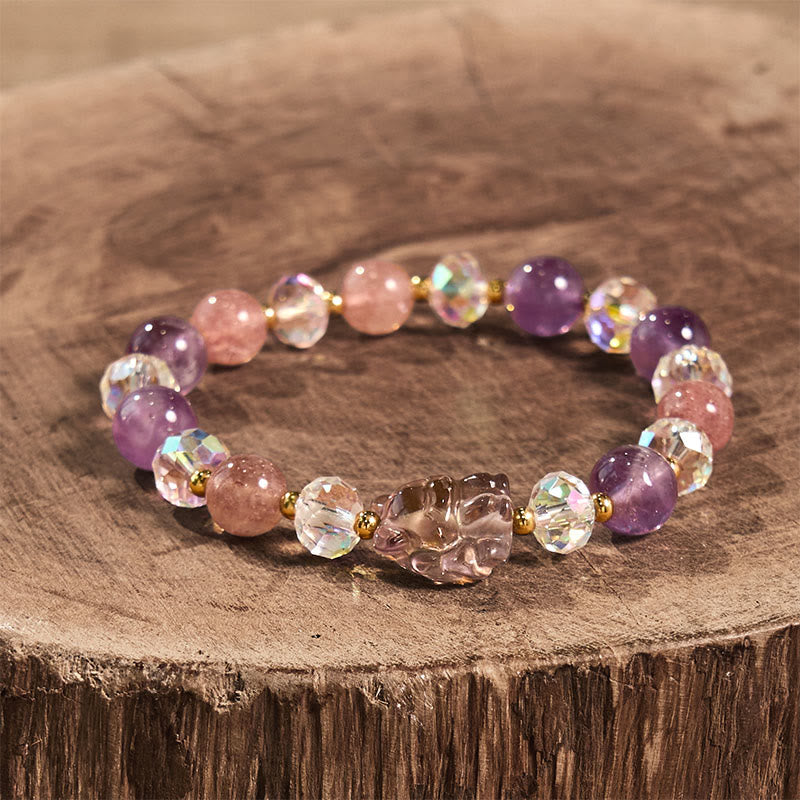 Buddha Stones Amethyst Strawberry Quartz White Crystal Nine Tailed Fox Meditation Bracelet - image 1