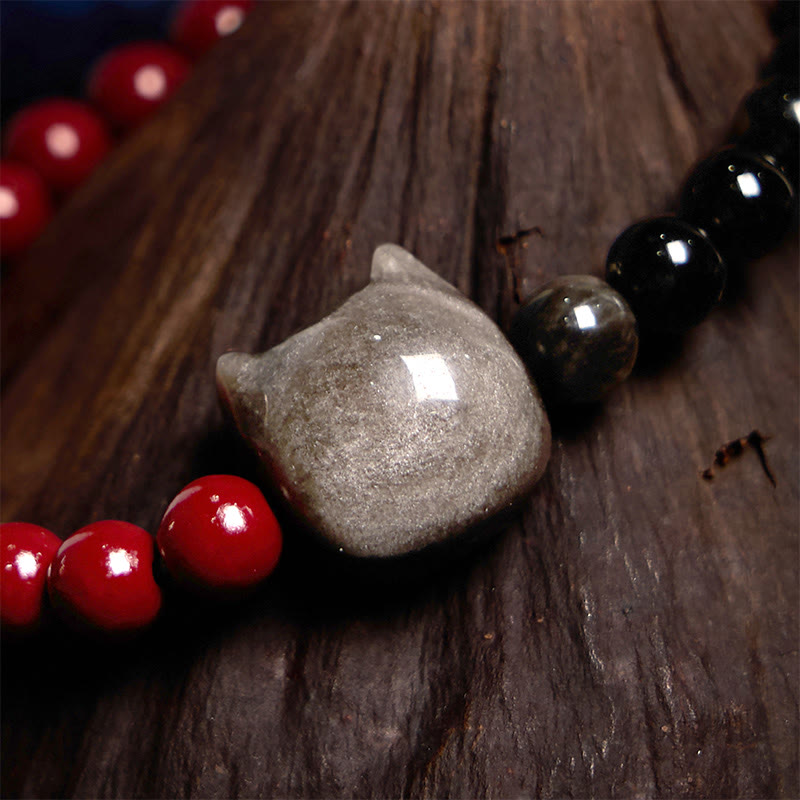 Buddha Stones Black Obsidian Cinnabar Silver Sheen Obsidian Cat Fulfilment Bracelet - image 2