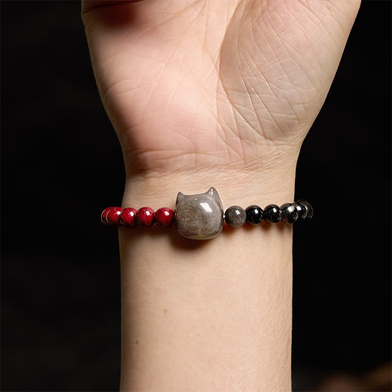 Buddha Stones Black Obsidian Cinnabar Silver Sheen Obsidian Cat Fulfilment Bracelet - image 4