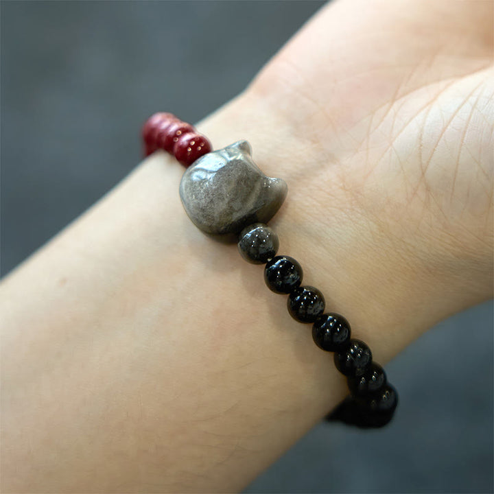 Buddha Stones Black Obsidian Cinnabar Silver Sheen Obsidian Cat Fulfilment Bracelet - image 3