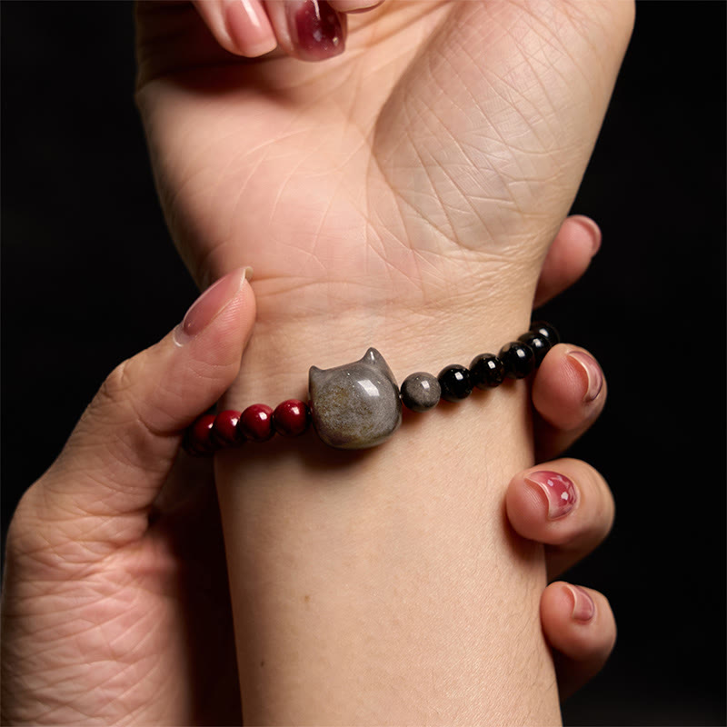Buddha Stones Black Obsidian Cinnabar Silver Sheen Obsidian Cat Fulfilment Bracelet - image 5