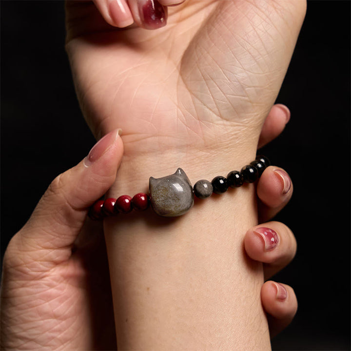 Buddha Stones Black Obsidian Cinnabar Silver Sheen Obsidian Cat Fulfilment Bracelet - image 5