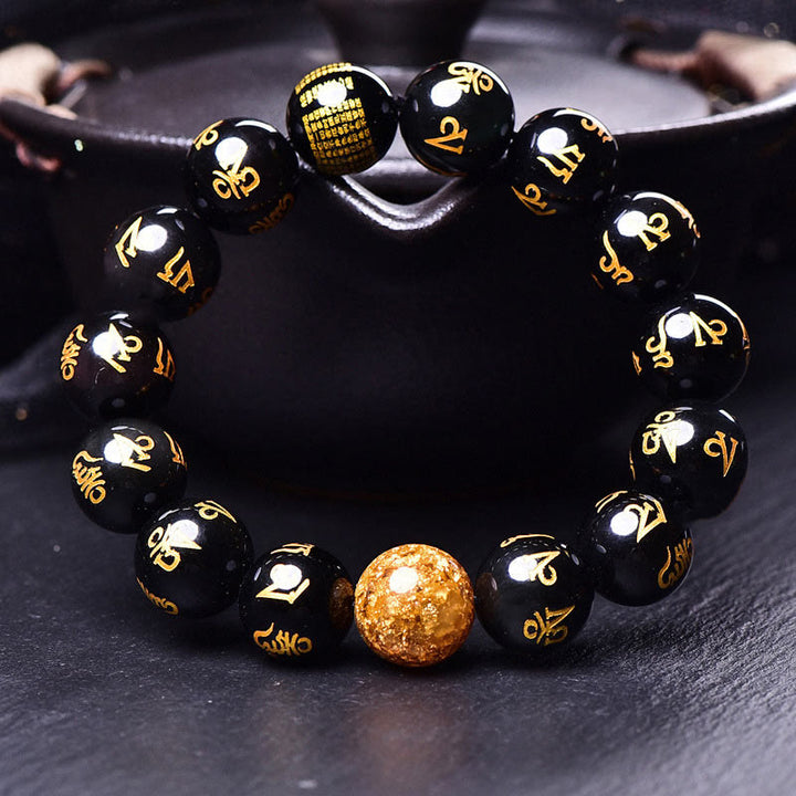 Buddha Stones Six True Words Om Mani Padme Hum Rainbow Obsidian Gold Foil Creativity Bracelet - image 3