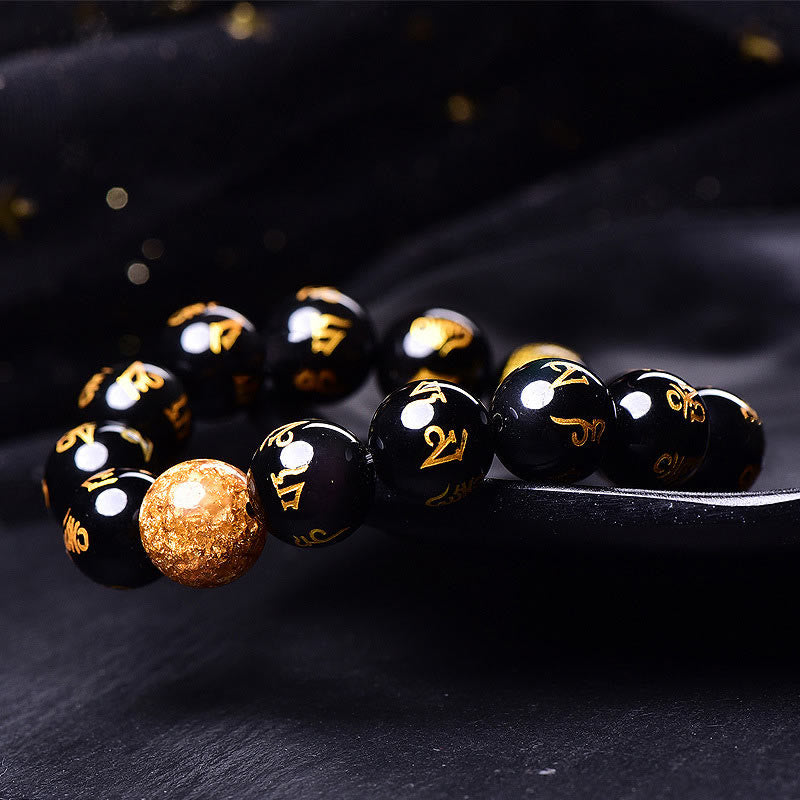 Buddha Stones Six True Words Om Mani Padme Hum Rainbow Obsidian Gold Foil Creativity Bracelet - image 2