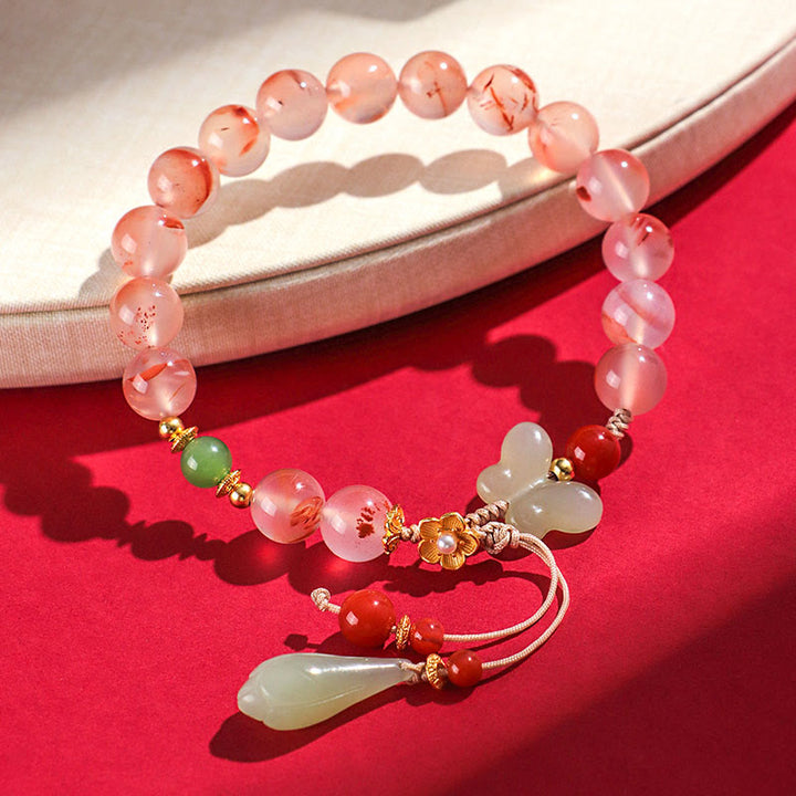 Buddha Stones South Red Agate Butterfly Orchid Hetian Jade Luck Bracelet - image 15