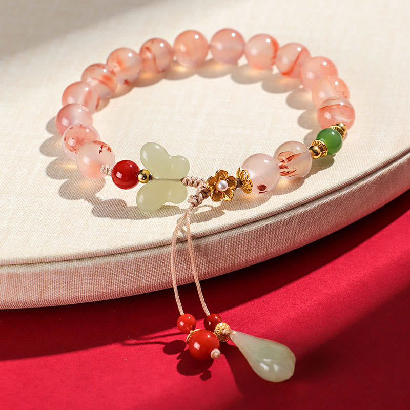 Buddha Stones South Red Agate Butterfly Orchid Hetian Jade Luck Bracelet - image 16
