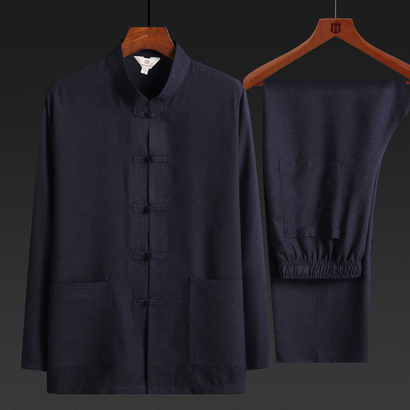 Buddha Stones 2Pcs Tang Suit Plain Color Frog-Button Men's Long Sleeve Shirt Pants Set - MidnightBlue - 2Pcs Set - US/UK/AU44,EU54 (4XL) - image 0
