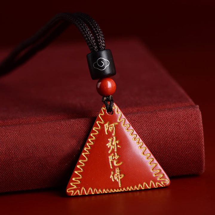 Buddha Stones Cinnabar Amitabha Calm Necklace Pendant - Orange-Red Cinnabar Gilded - Brown Rope - image 1