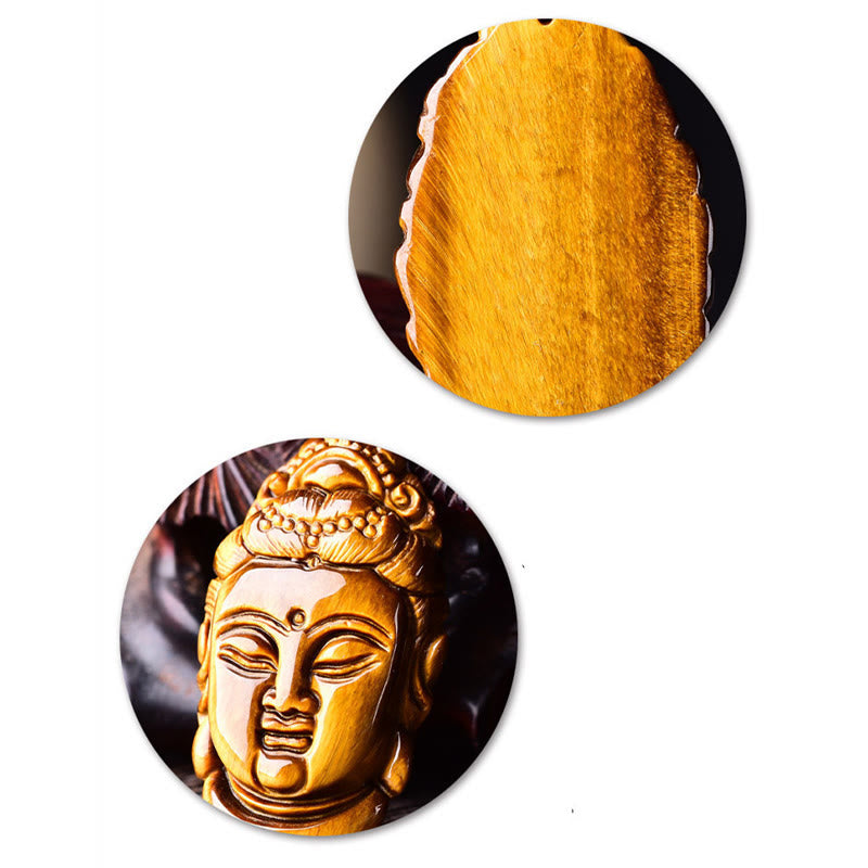 Buddha Stones Tiger Eye Kwan Yin Avalokitesvara Head String Strength Necklace Pendant - image 7