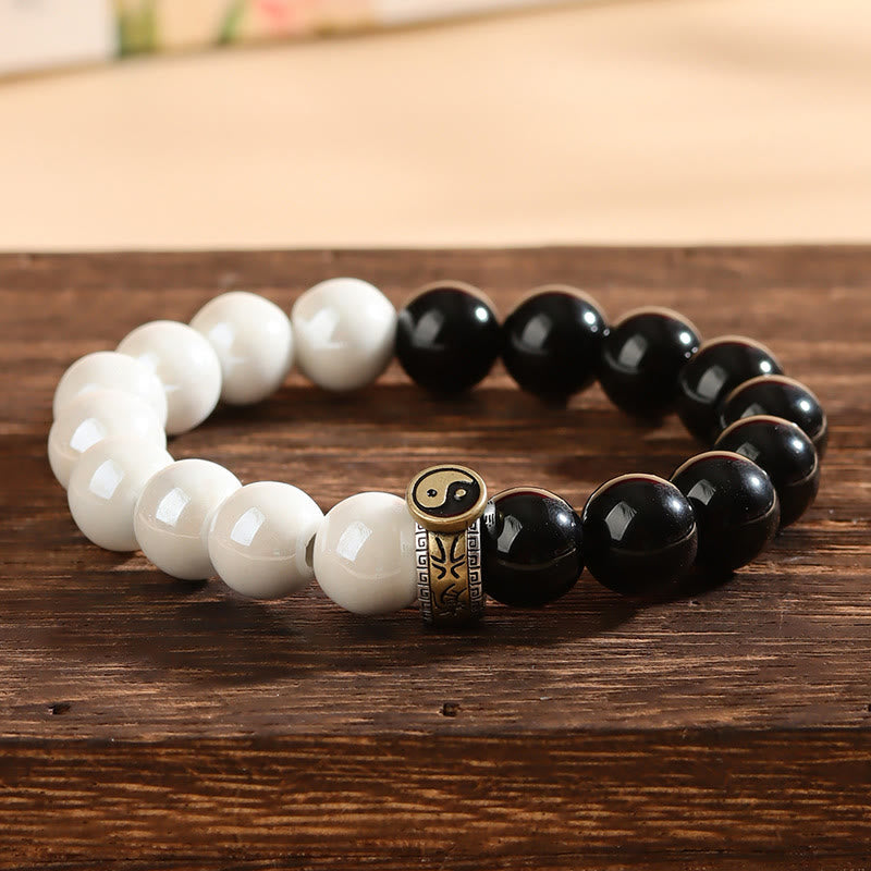 Buddha Stones Black Obsidian White Porcelain Beads Yin Yang Fulfilment Bracelet - image 1