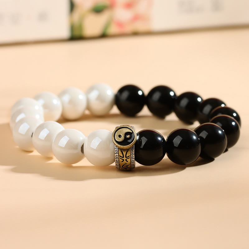 Buddha Stones Black Obsidian White Porcelain Beads Yin Yang Fulfilment Bracelet - image 4