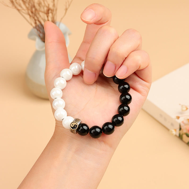 Buddha Stones Black Obsidian White Porcelain Beads Yin Yang Fulfilment Bracelet - image 3
