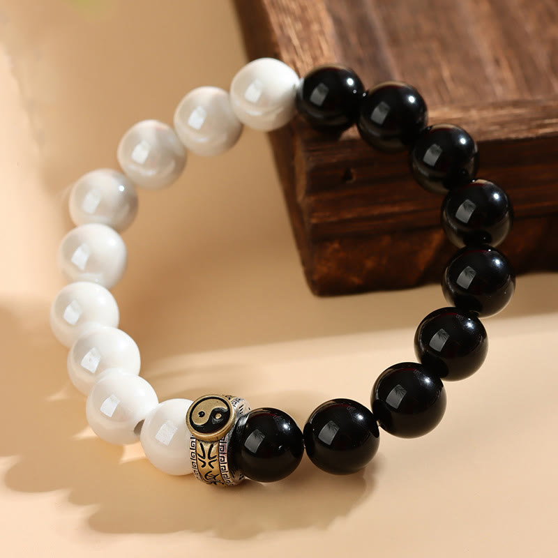 Buddha Stones Black Obsidian White Porcelain Beads Yin Yang Fulfilment Bracelet - Black Obsidian White Porcelain Beads(Wrist Circumference: 14-16cm) - image 0