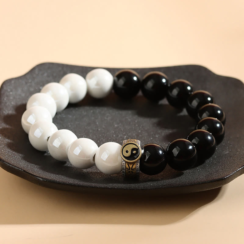 Buddha Stones Black Obsidian White Porcelain Beads Yin Yang Fulfilment Bracelet - image 2