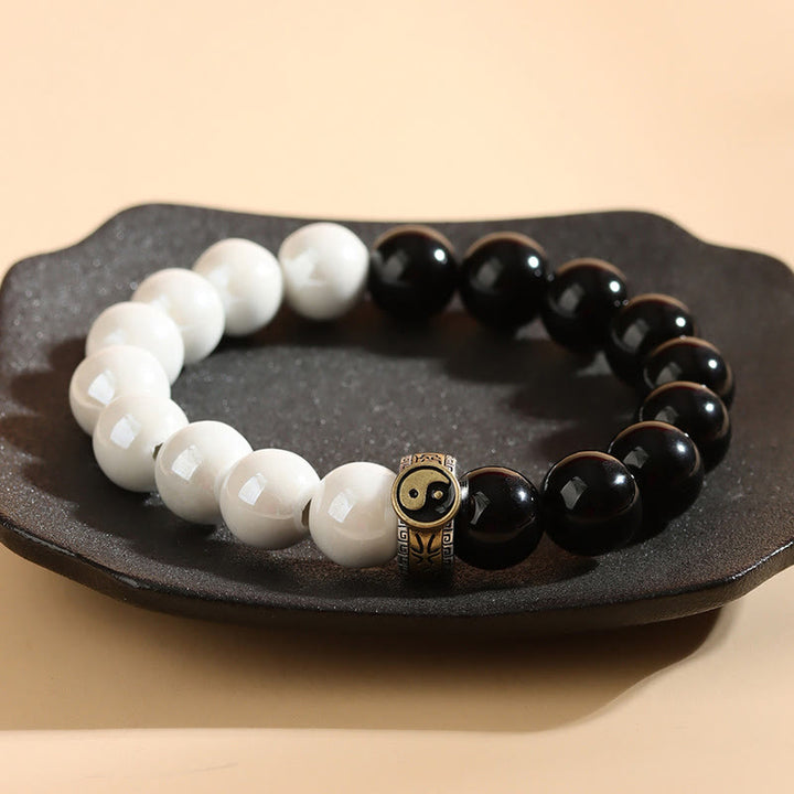 Buddha Stones Black Obsidian White Porcelain Beads Yin Yang Fulfilment Bracelet - image 2