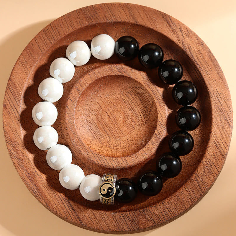 Buddha Stones Black Obsidian White Porcelain Beads Yin Yang Fulfilment Bracelet - image 8