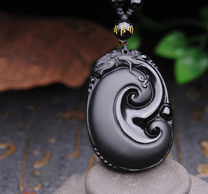 Buddha Stones Natural Black Obsidian PiXiu Oval Pattern Strength Necklace Pendant - Black Obsidian(Purification♥Transformation) - image 0