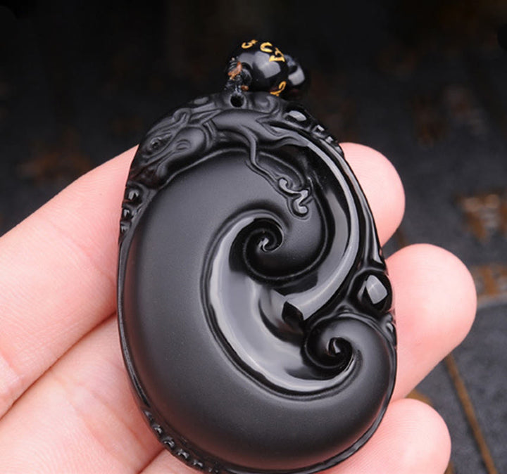Buddha Stones Natural Black Obsidian PiXiu Oval Pattern Strength Necklace Pendant - image 4