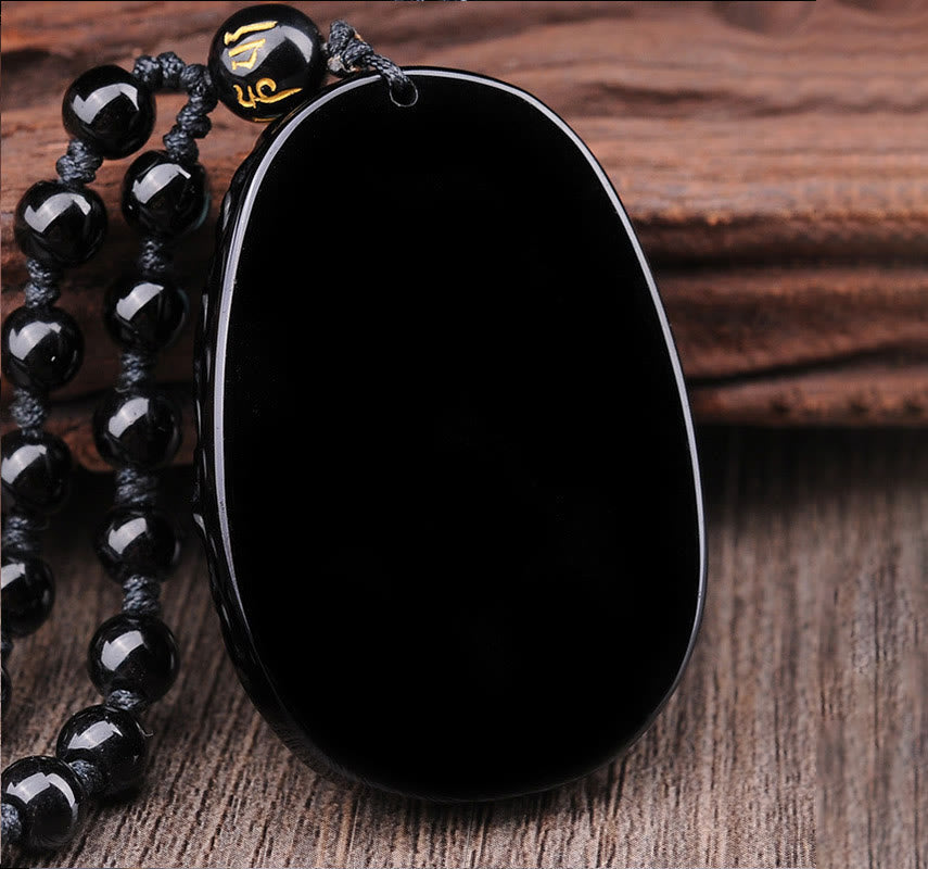 Buddha Stones Natural Black Obsidian PiXiu Oval Pattern Strength Necklace Pendant - image 3