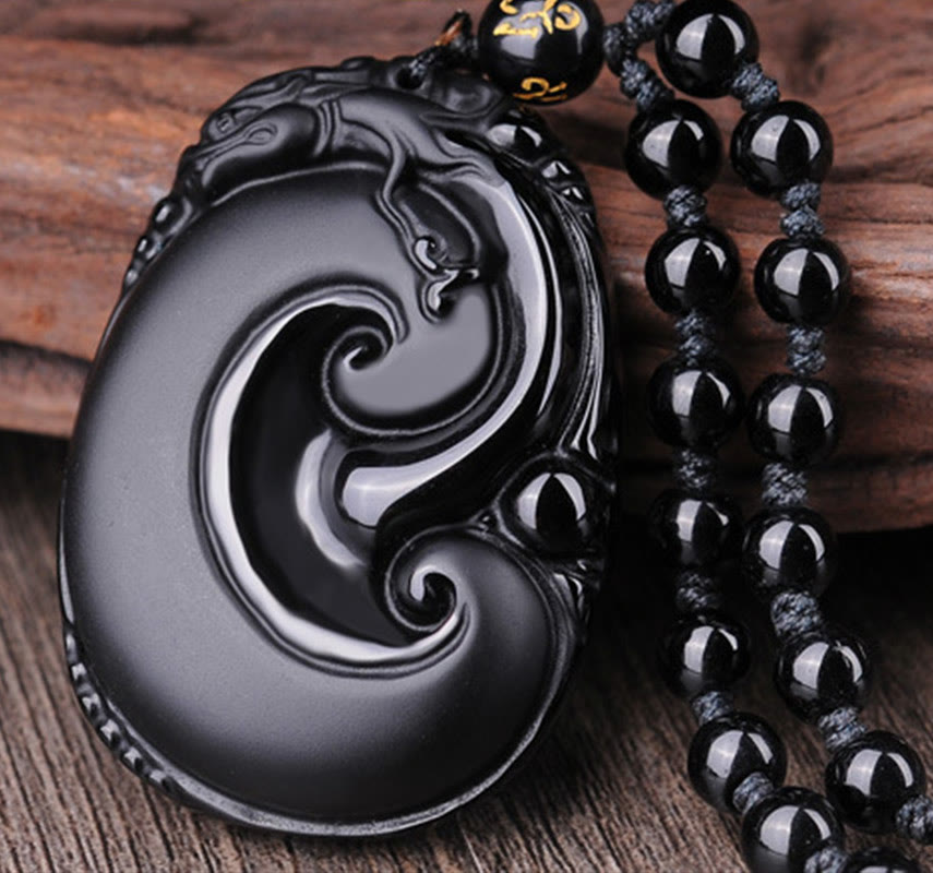 Buddha Stones Natural Black Obsidian PiXiu Oval Pattern Strength Necklace Pendant - image 2