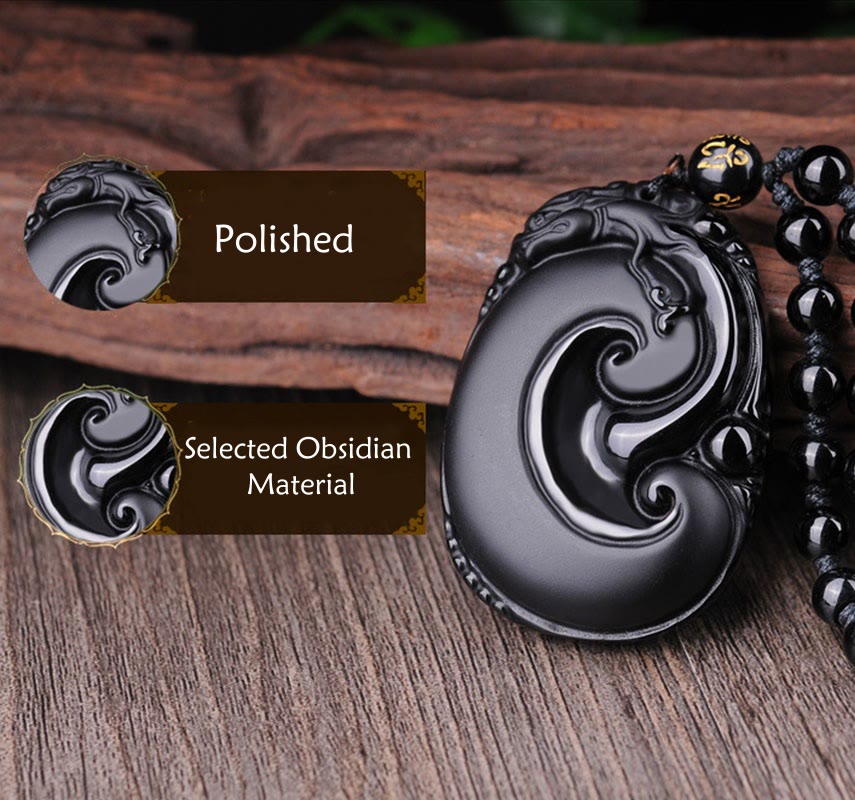 Buddha Stones Natural Black Obsidian PiXiu Oval Pattern Strength Necklace Pendant - image 9