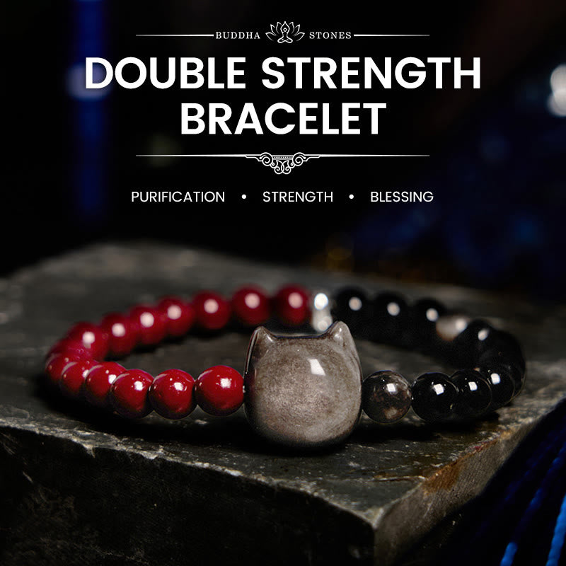 Buddha Stones Black Obsidian Cinnabar Silver Sheen Obsidian Cat Fulfilment Bracelet - Black Obsidian Cinnabar(Wrist Circumference: 14-16cm) - image 0
