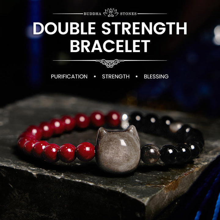 Buddha Stones Black Obsidian Cinnabar Silver Sheen Obsidian Cat Fulfilment Bracelet - Black Obsidian Cinnabar(Wrist Circumference: 14-16cm) - image 0