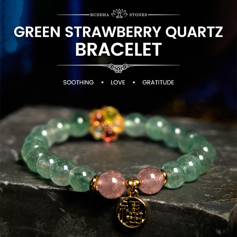 Buddha Stones Natural Green Strawberry Quartz Soothing Fu Character Bracelet - Green Strawberry Quartz(Wrist Circumference: 14-18cm) - image 0