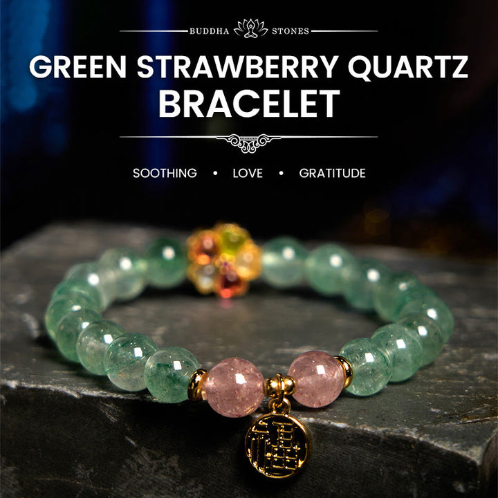 Buddha Stones Natural Green Strawberry Quartz Soothing Fu Character Bracelet - Green Strawberry Quartz(Wrist Circumference: 14-18cm) - image 0