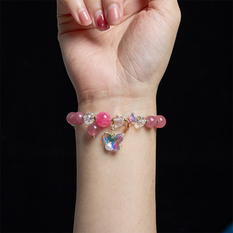 Buddha Stones Strawberry Quartz White Crystal Pink Crystal Butterfly Love Bracelet - image 4