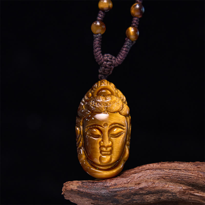 Buddha Stones Tiger Eye Kwan Yin Avalokitesvara Head String Strength Necklace Pendant - Tiger Eye Avalokitesvara Adjustable Bead String - image 10