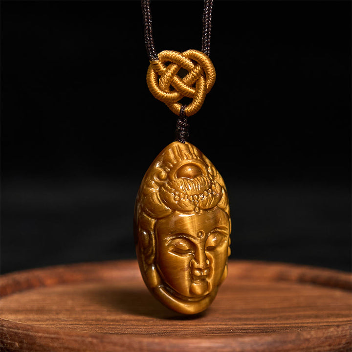 Buddha Stones Tiger Eye Kwan Yin Avalokitesvara Head String Strength Necklace Pendant - image 2