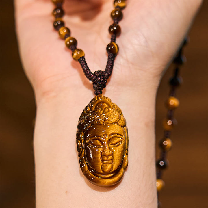Buddha Stones Tiger Eye Kwan Yin Avalokitesvara Head String Strength Necklace Pendant - image 14