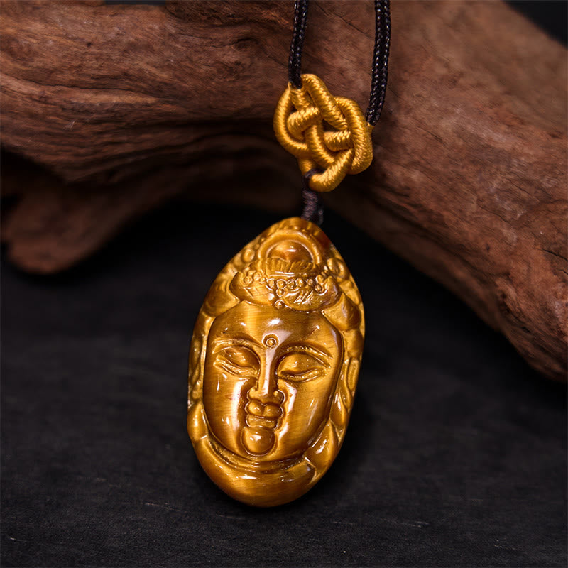 Buddha Stones Tiger Eye Kwan Yin Avalokitesvara Head String Strength Necklace Pendant - image 3