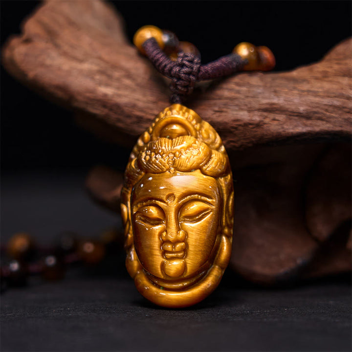 Buddha Stones Tiger Eye Kwan Yin Avalokitesvara Head String Strength Necklace Pendant - image 11