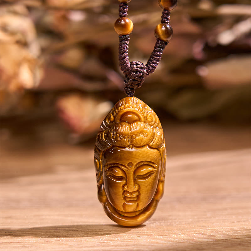 Buddha Stones Tiger Eye Kwan Yin Avalokitesvara Head String Strength Necklace Pendant - image 13