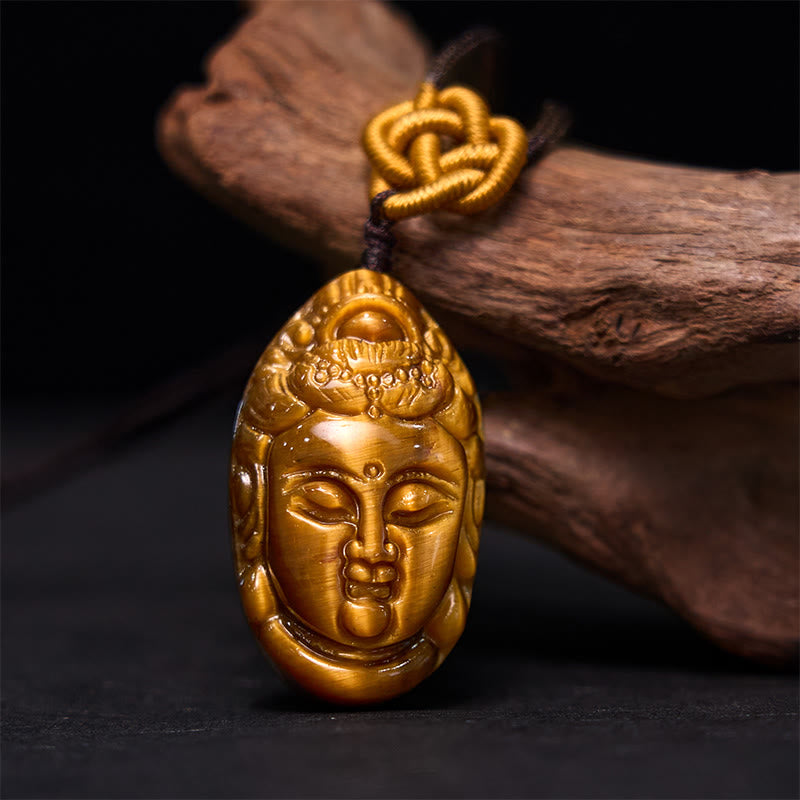 Buddha Stones Tiger Eye Kwan Yin Avalokitesvara Head String Strength Necklace Pendant - image 1