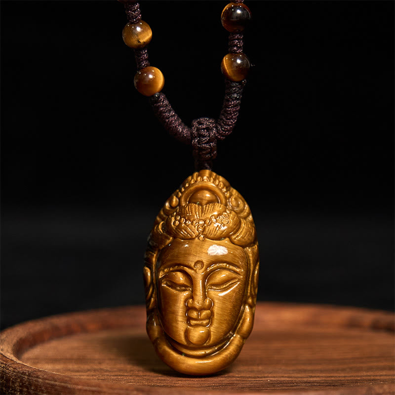Buddha Stones Tiger Eye Kwan Yin Avalokitesvara Head String Strength Necklace Pendant - image 15