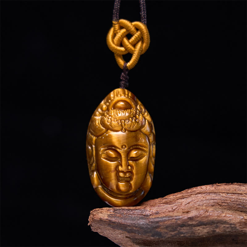 Buddha Stones Tiger Eye Kwan Yin Avalokitesvara Head String Strength Necklace Pendant - Tiger Eye Avalokitesvara String - image 0