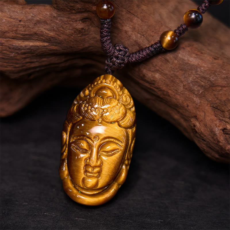 Buddha Stones Tiger Eye Kwan Yin Avalokitesvara Head String Strength Necklace Pendant - image 12