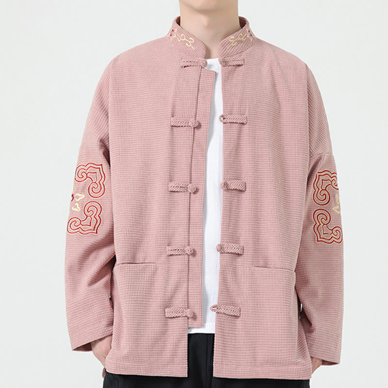 Buddha Stones Men's Frog-button Tang Suit Symmetrical Embroidery Cotton Corduroy Jacket Shirt With Pockets - Pink - US/UK/AU46,EU56 (5XL) - image 5