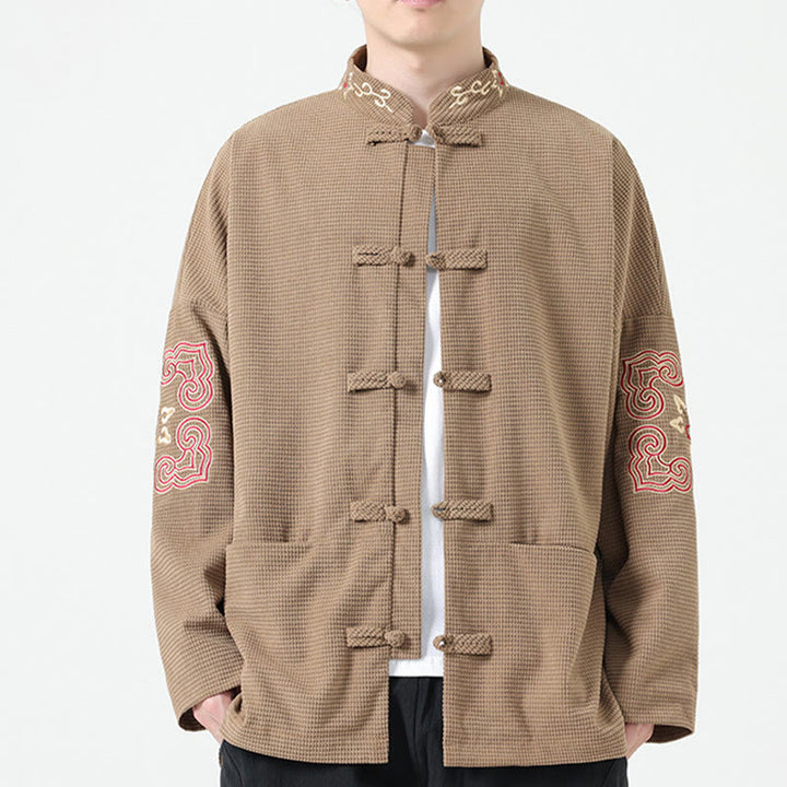 Buddha Stones Men's Frog-button Tang Suit Symmetrical Embroidery Cotton Corduroy Jacket Shirt With Pockets - Tan - US/UK/AU46,EU56 (5XL) - image 7