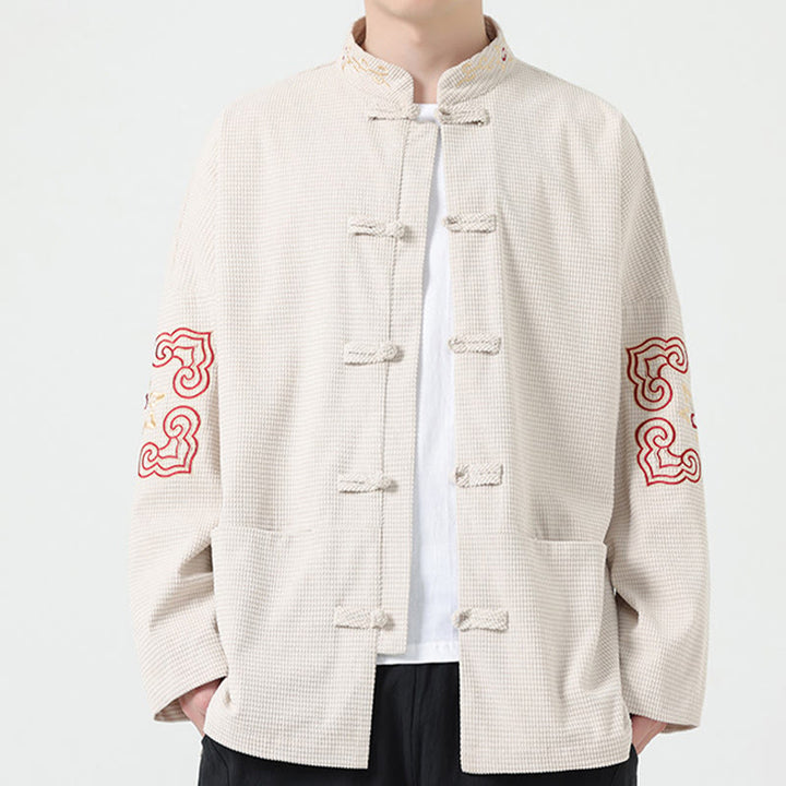 Buddha Stones Men's Frog-button Tang Suit Symmetrical Embroidery Cotton Corduroy Jacket Shirt With Pockets - Beige - US/UK/AU46,EU56 (5XL) - image 10