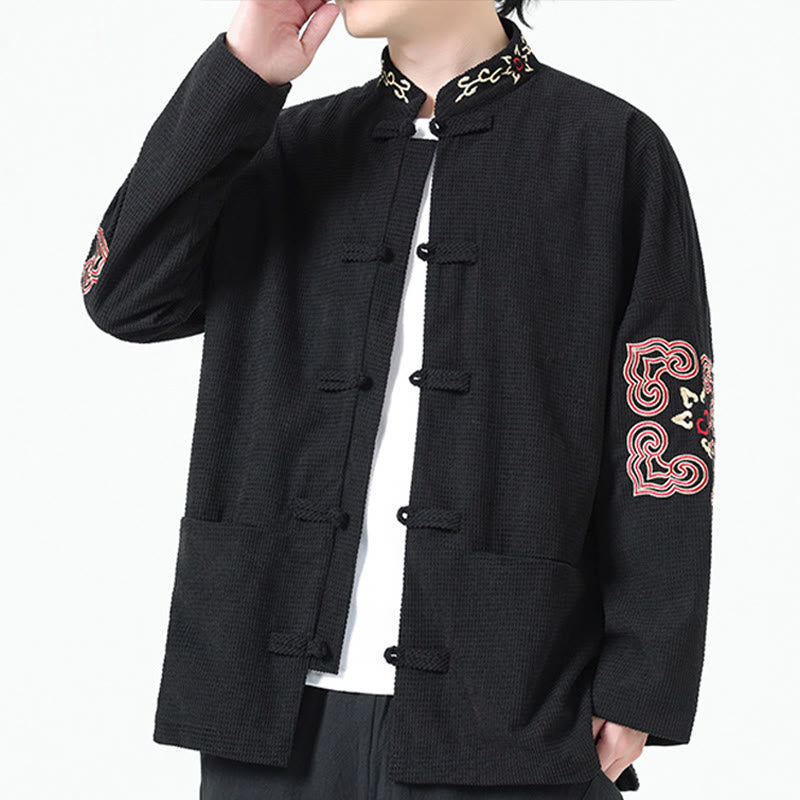 Buddha Stones Men's Frog-button Tang Suit Symmetrical Embroidery Cotton Corduroy Jacket Shirt With Pockets - image 1