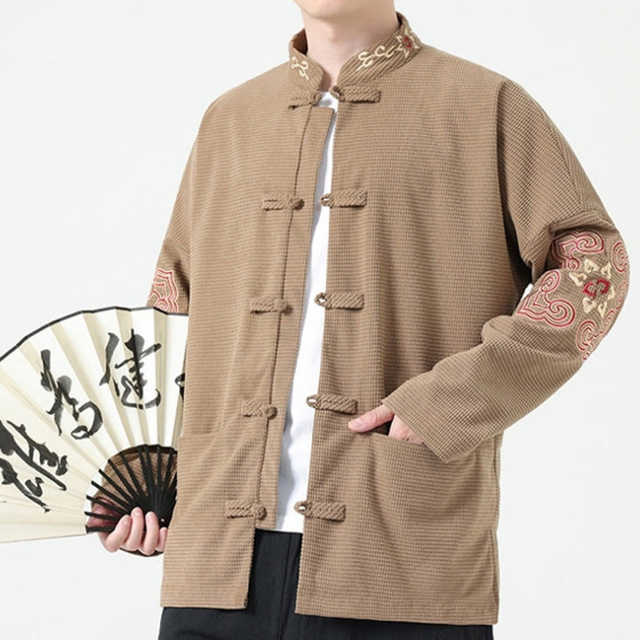 Buddha Stones Men's Frog-button Tang Suit Symmetrical Embroidery Cotton Corduroy Jacket Shirt With Pockets - image 8