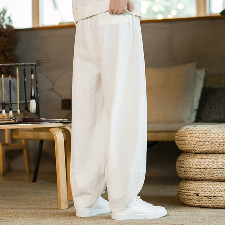 Buddha Stones Solid Color Cotton Linen Drawstring Men's Harem Pants With Pockets - image 23