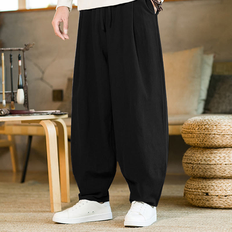Buddha Stones Solid Color Cotton Linen Drawstring Men's Harem Pants With Pockets - image 16