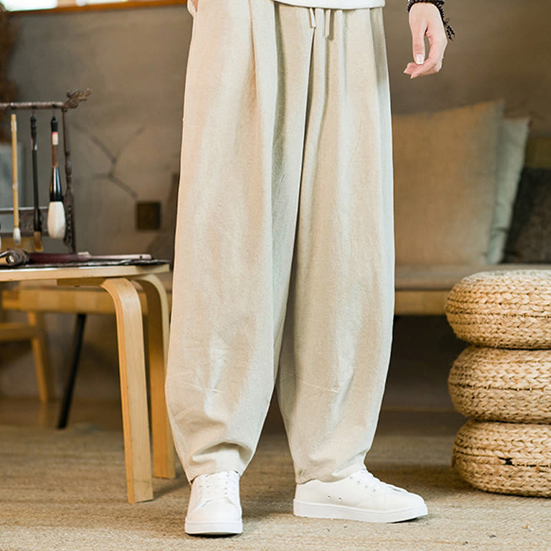 Buddha Stones Solid Color Cotton Linen Drawstring Men's Harem Pants With Pockets - Beige - US/UK/AU46,EU56 (5XL) - image 24