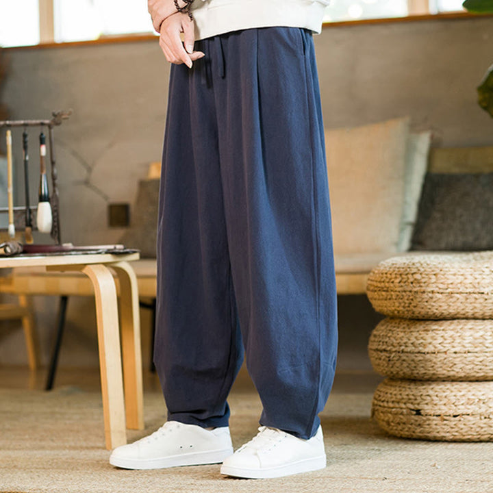 Buddha Stones Solid Color Cotton Linen Drawstring Men's Harem Pants With Pockets - image 4